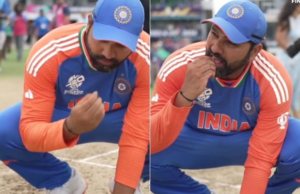 India T20 champion: चैंपियन बनने पर रोहित शर्मा ने चखी बारबाडोस की मिट्टी, माथे पर भी लगाया, ICC ने शेयर किया वीडियो